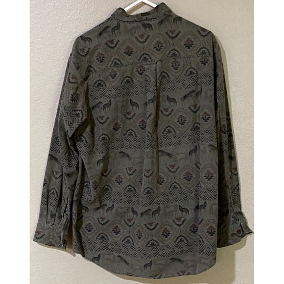 Woolrich Men's Large Sage Green Black Aztec Wolf Pattern Midweight Flannel Shirt - Picture 4 of 7